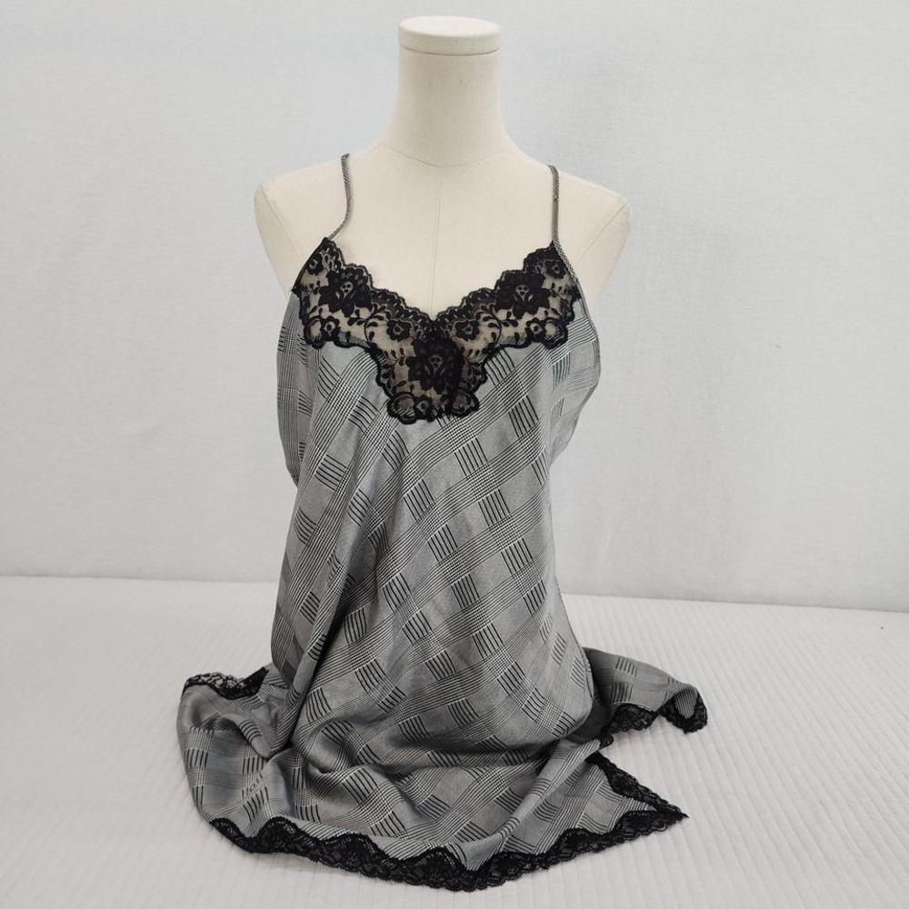 Gray / Black Plaid Cami Top Black Lace Trim Slip dress M
